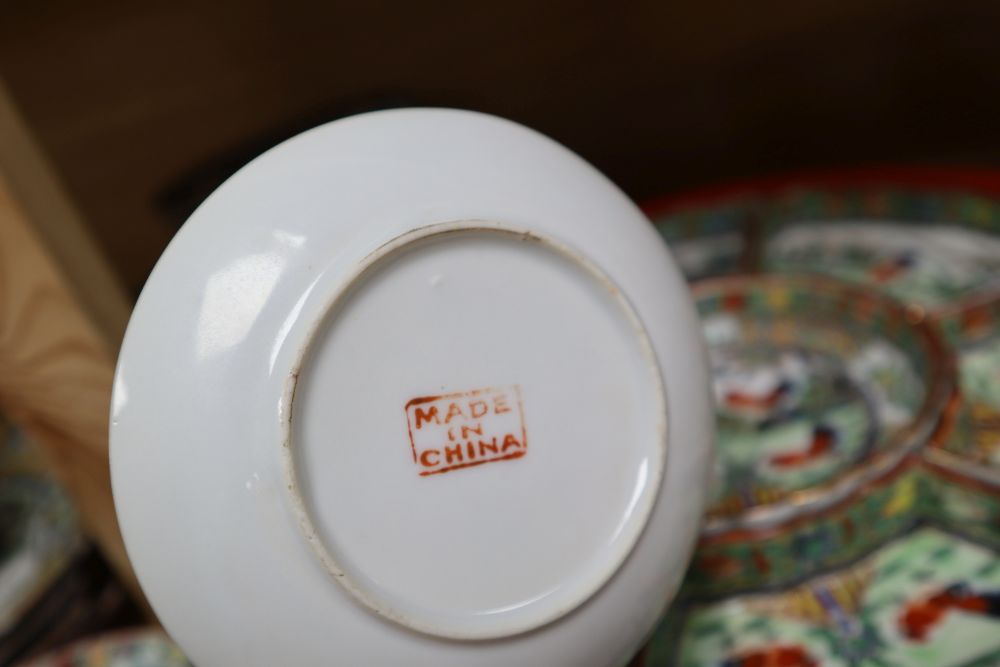 A collection of early 20th century Cantonese porcelain tea and dinnerwares, including an hors doeuvres set, in a lacquer box